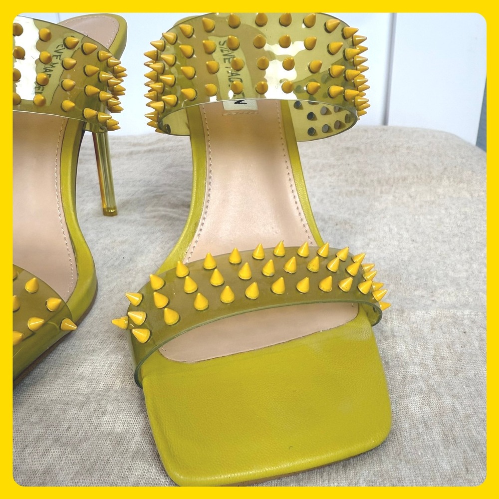 Steve Madden Lunna Yellow Green Spiked Studded Square Toe High Heel Mules 7M Y2k - Picture 3 of 7
